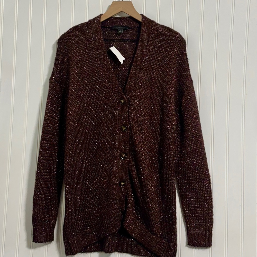 Ann Taylor Cardigan Sweater S NWT Bronze Metallic Office Siren Shimmer Knit Boho - Picture 2 of 9